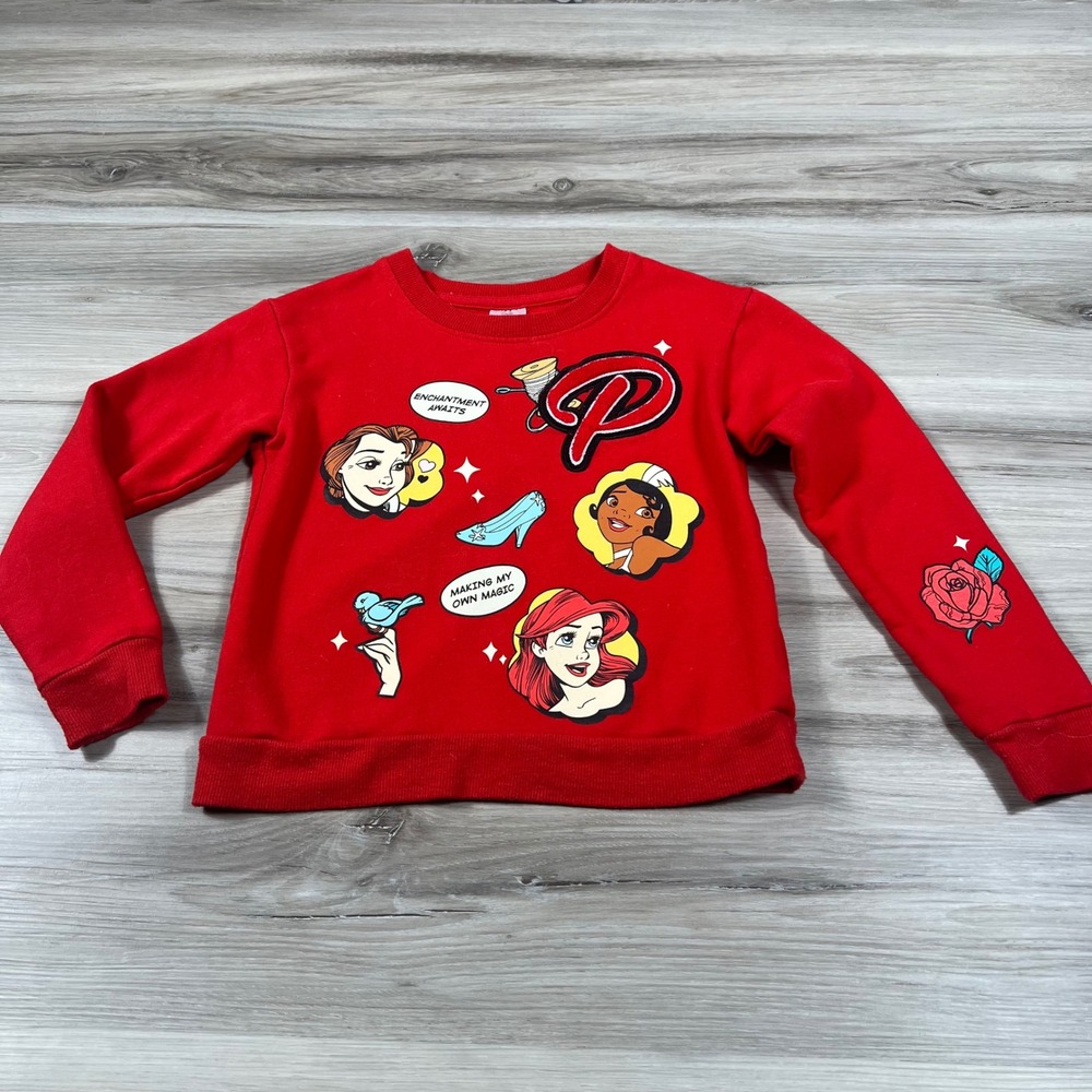 Disney 100 Princess Red Pullover Sweatshirt Belle Ariel Small Kids Graphic Top